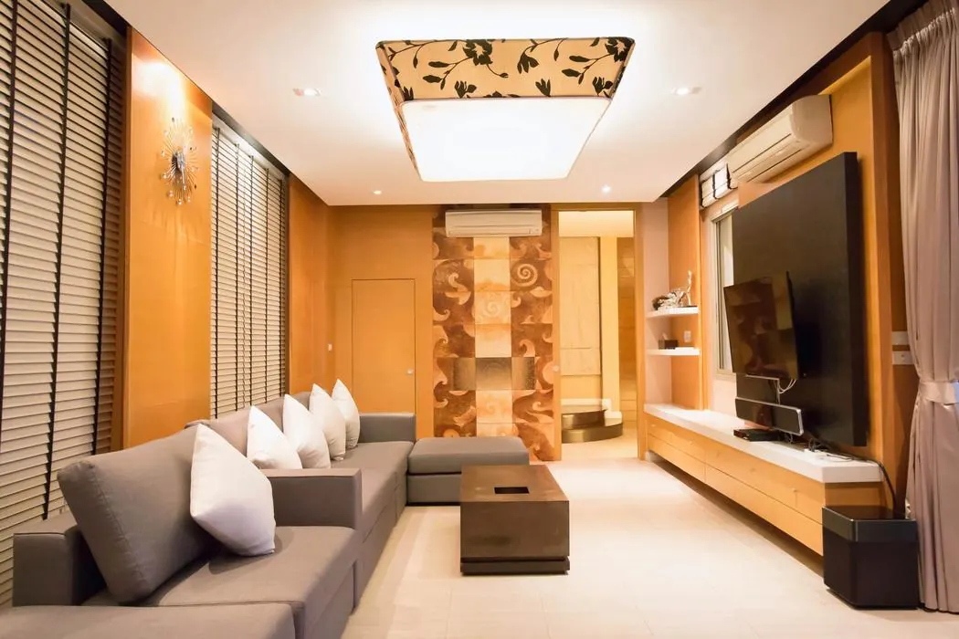Ground floor: the living room lit at night