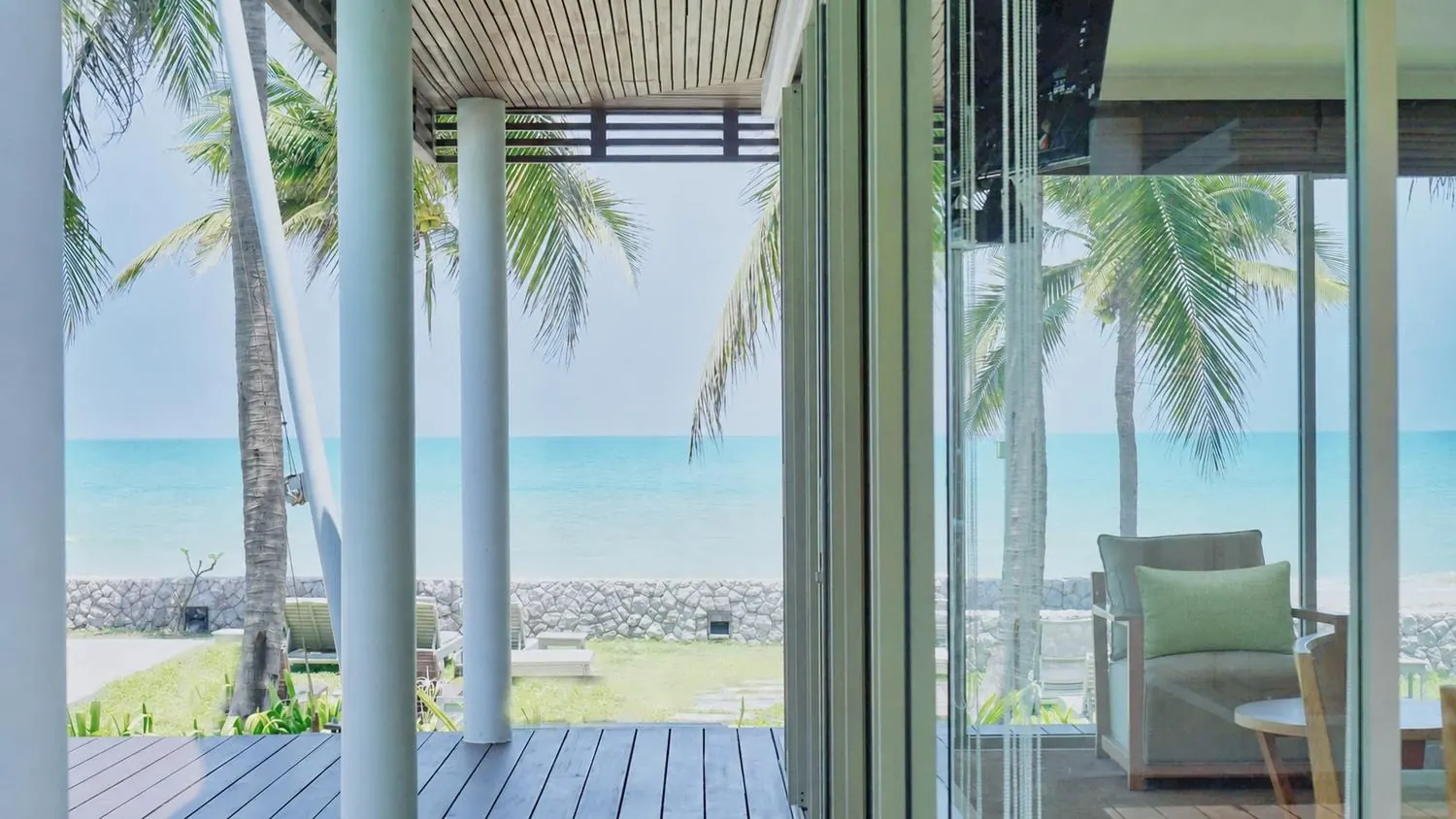 Looking out from the Beachfront Pavilion terrace to the Gulf of Thailand