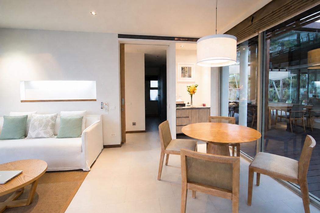The living and dining area of the Beachfront Pavilion