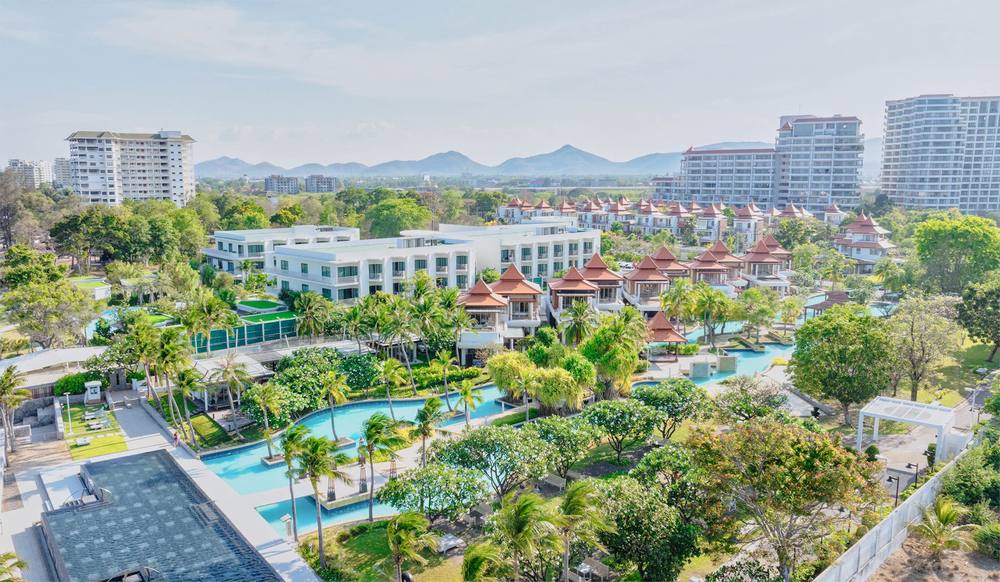 The estate gardens and pools from the air