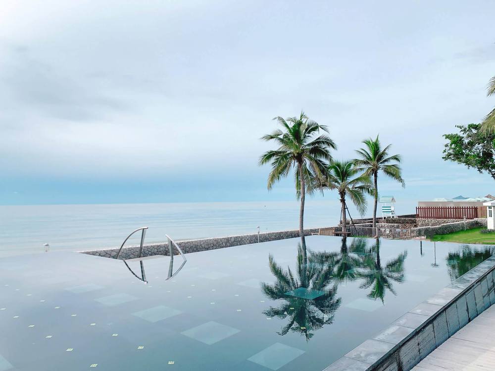 The infinity pool reflecting the palms, the sea beyond