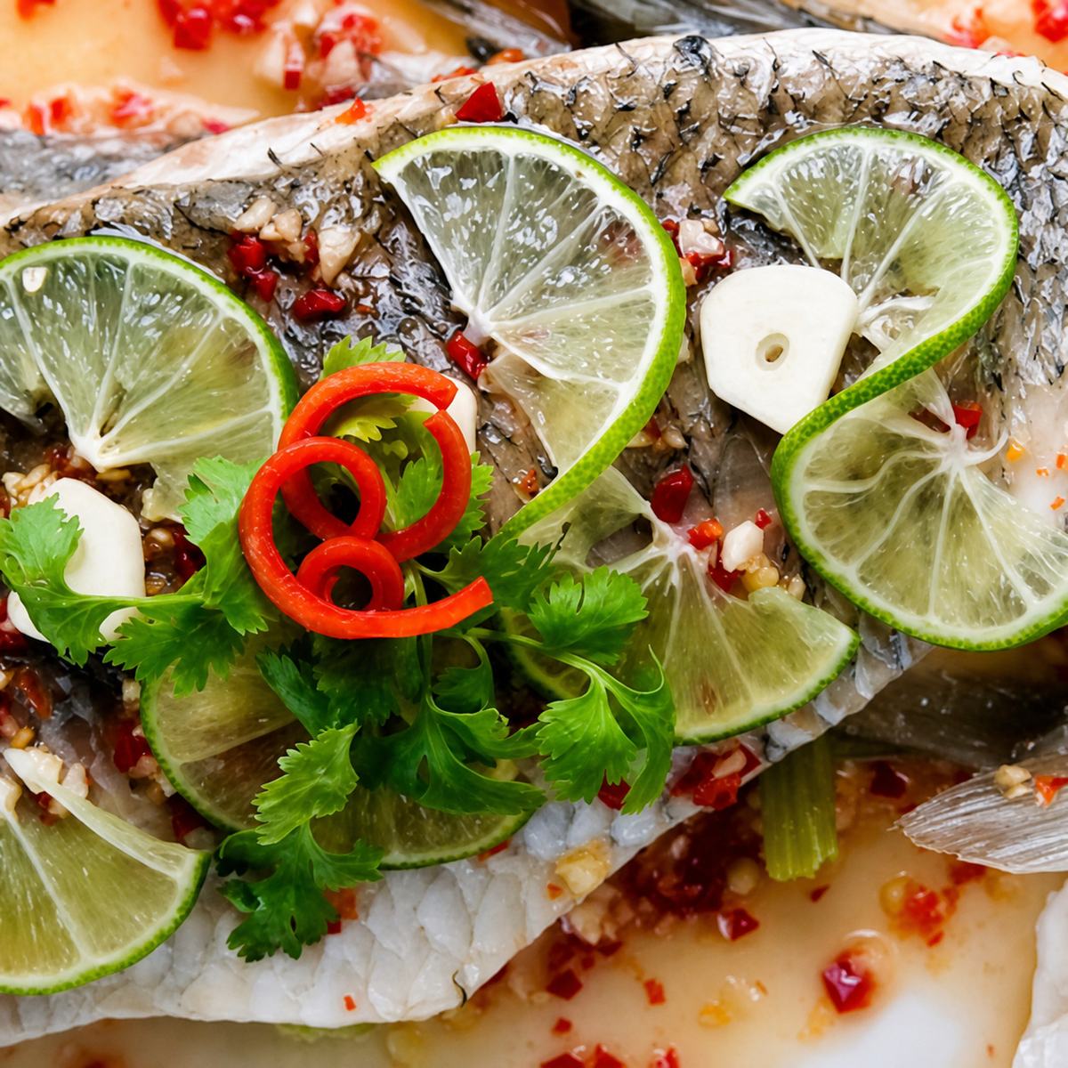 Deep-fried sea bass with chili and lime