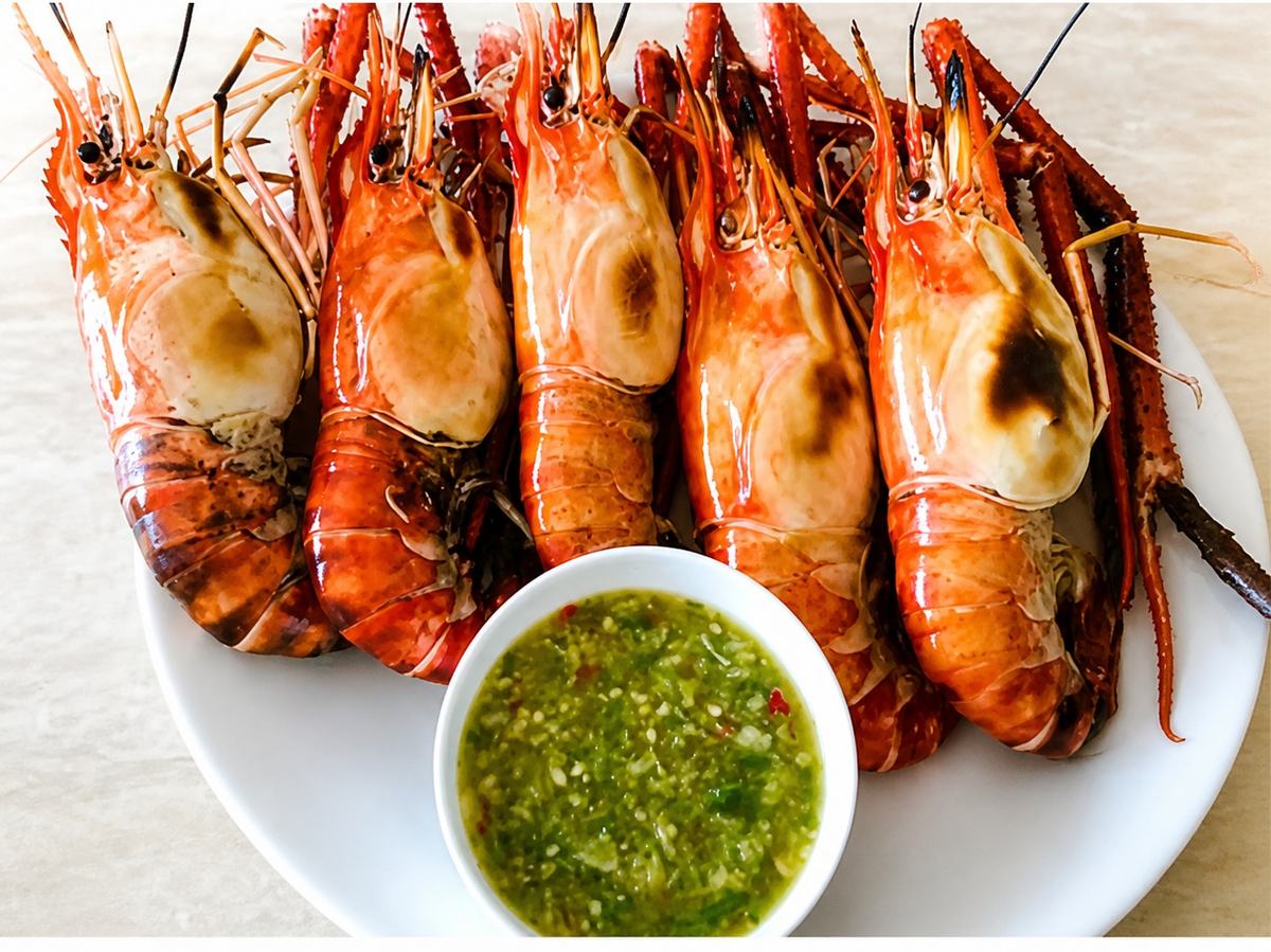 Grilled river prawns with seafood sauce