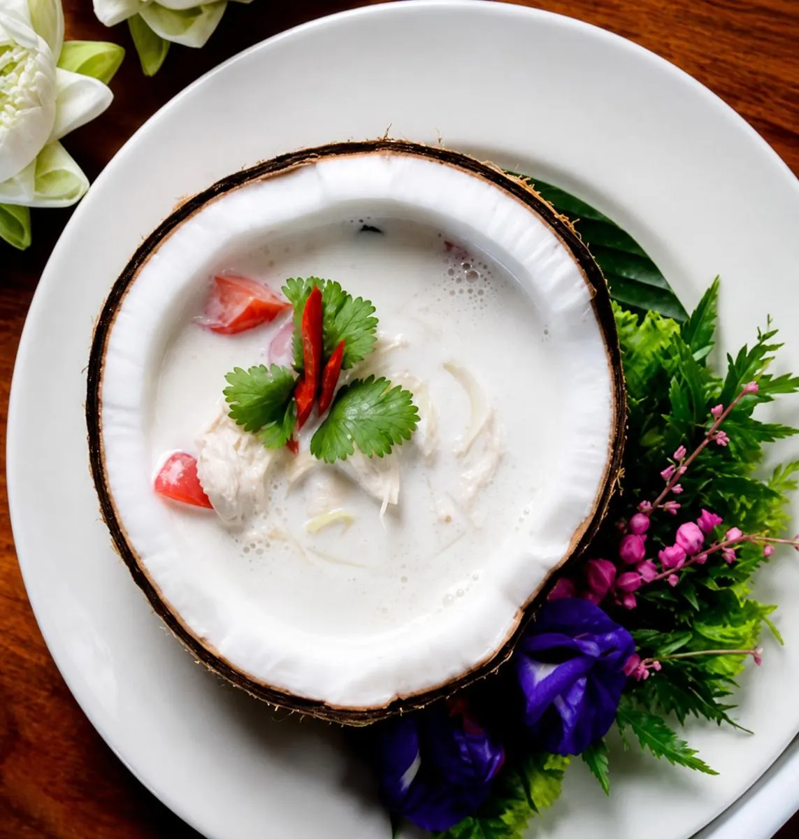 Tom kha kai served in a coconut